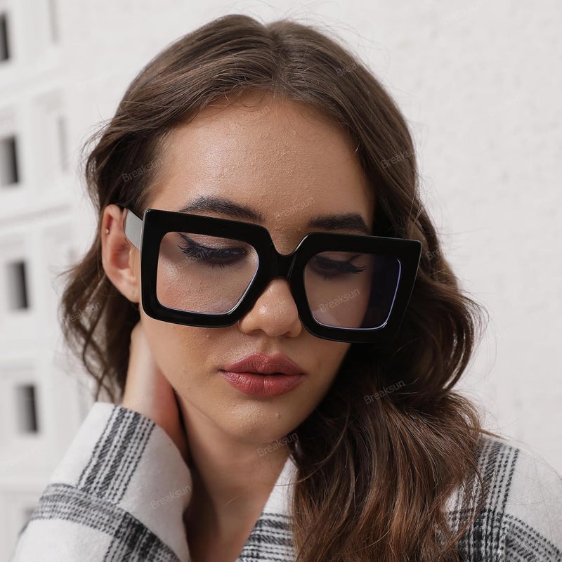 Breaksun Oversized Blue Light Glasses for Women Fashion Thick Square Computer Eyewear Non-Prescription Black Glasses (New Black+ Pink Red) - Image 2